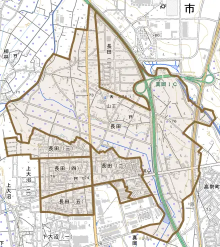長田とその周辺の地図。町の範囲を重ねている