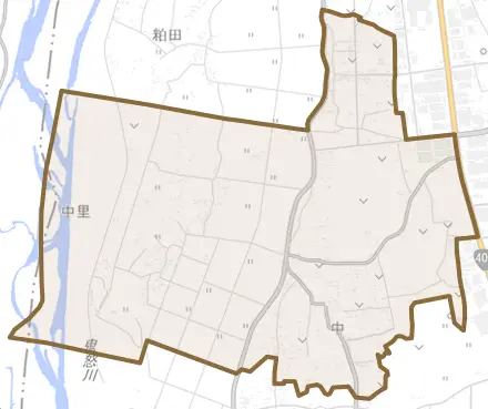 中とその周辺の地図。町の範囲を重ねている