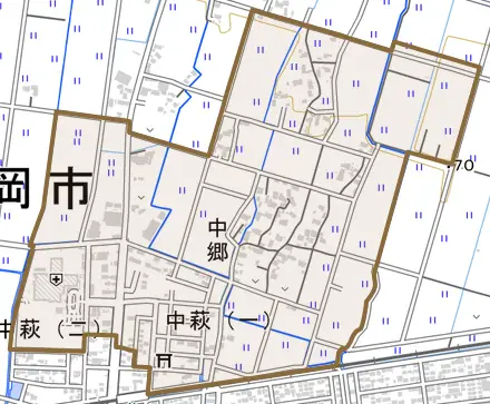 中郷とその周辺の地図。町の範囲を重ねている