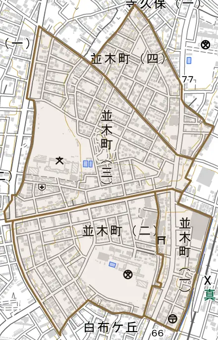 並木町とその周辺の地図。町の範囲を重ねている