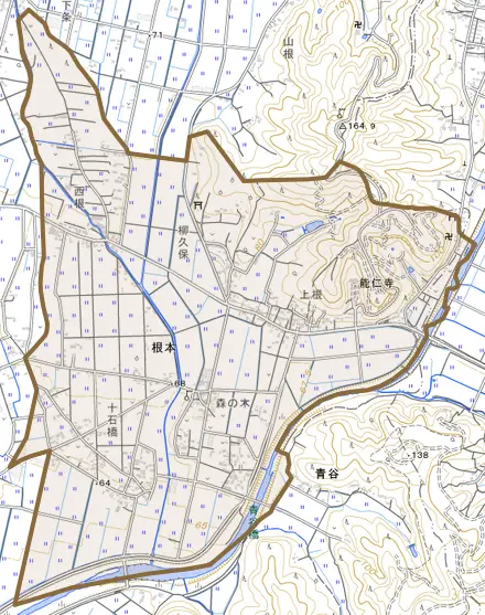 根本とその周辺の地図。町の範囲を重ねている