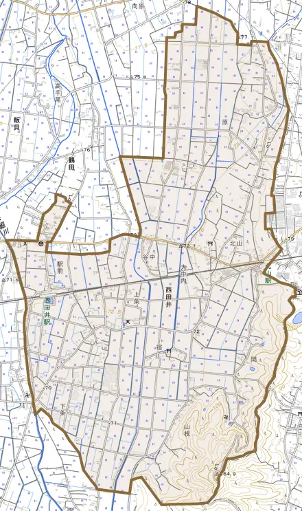 西田井とその周辺の地図。町の範囲を重ねている
