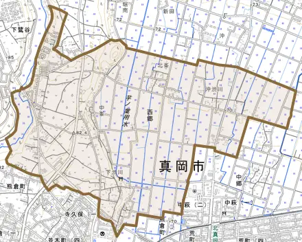 西郷とその周辺の地図。町の範囲を重ねている