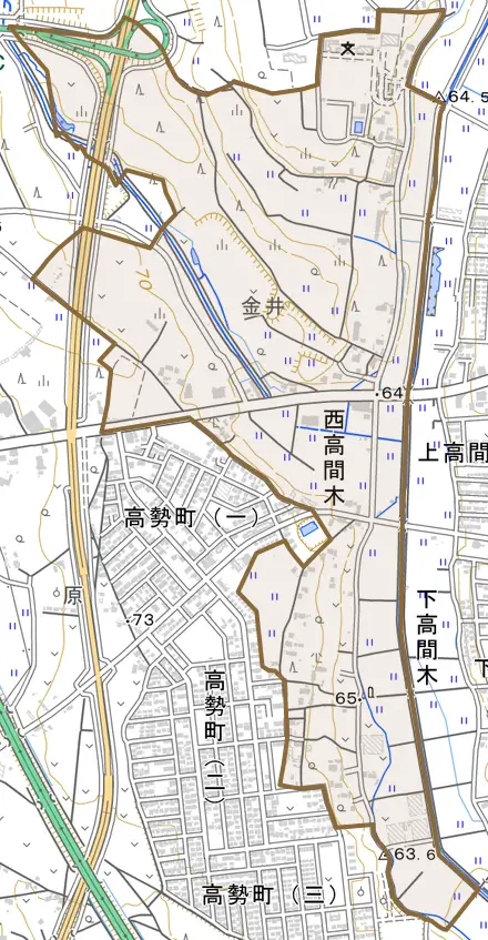 西高間木とその周辺の地図。町の範囲を重ねている