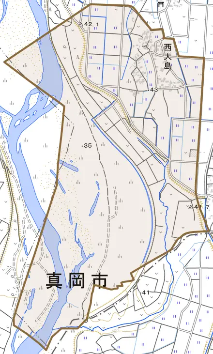 西大島とその周辺の地図。町の範囲を重ねている