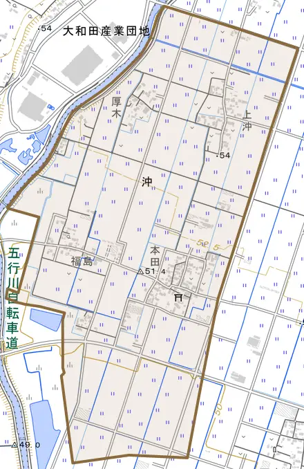 沖とその周辺の地図。町の範囲を重ねている
