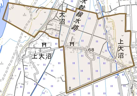大沼とその周辺の地図。町の範囲を重ねている