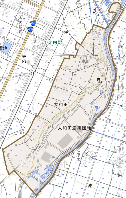 大和田とその周辺の地図。町の範囲を重ねている