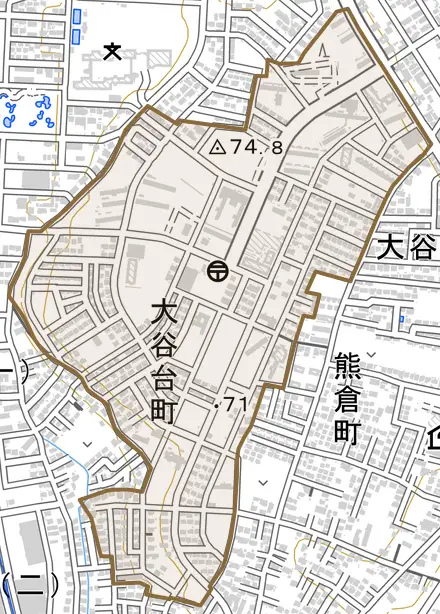 大谷台町とその周辺の地図。町の範囲を重ねている