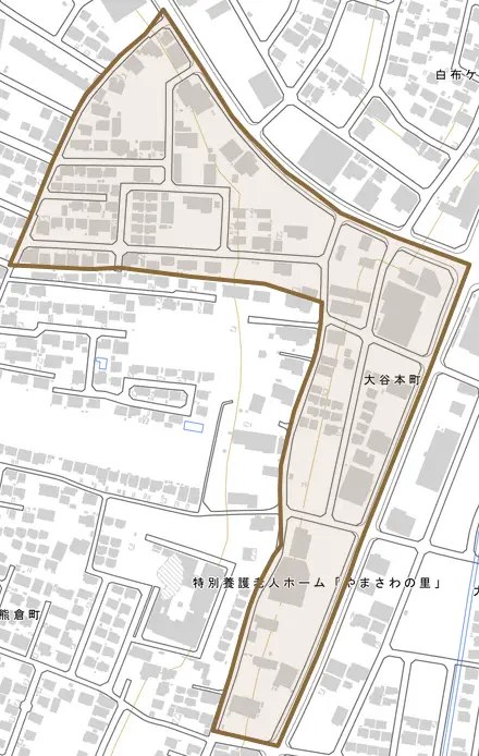 大谷本町とその周辺の地図。町の範囲を重ねている