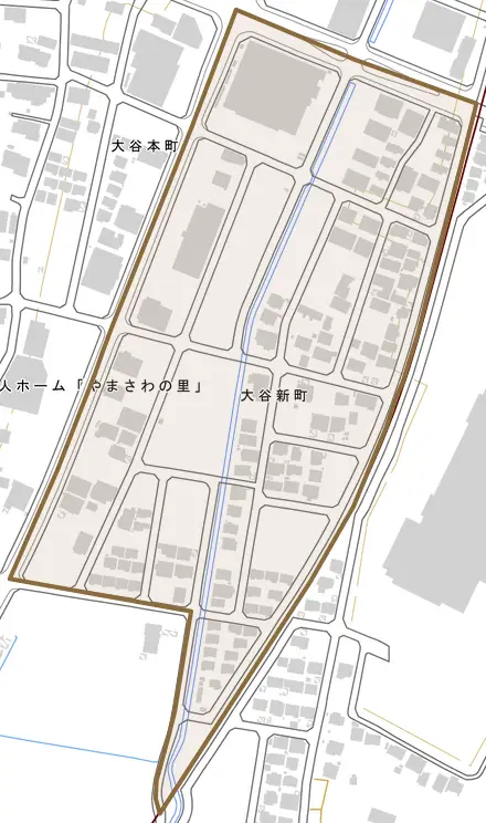 大谷新町とその周辺の地図。町の範囲を重ねている