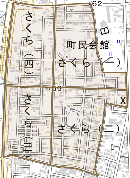 さくらとその周辺の地図。町の範囲を重ねている