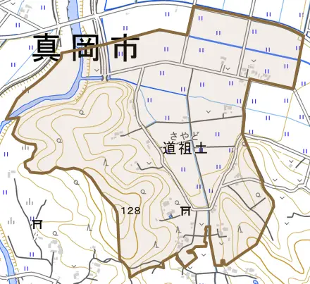 道祖土とその周辺の地図。町の範囲を重ねている
