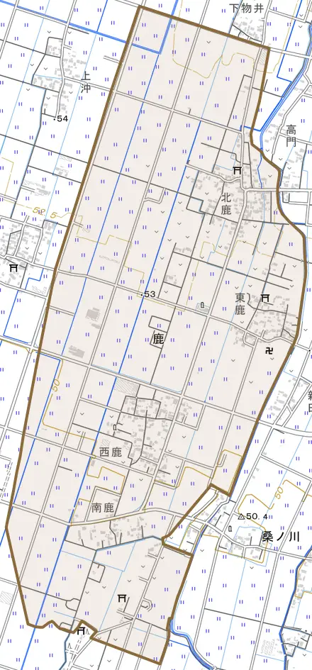 鹿とその周辺の地図。町の範囲を重ねている