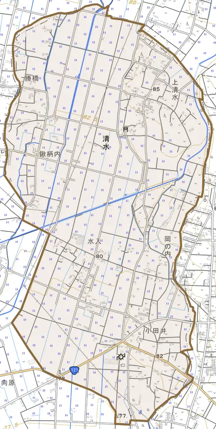 清水とその周辺の地図。町の範囲を重ねている