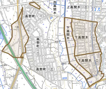 下高間木とその周辺の地図。町の範囲を重ねている