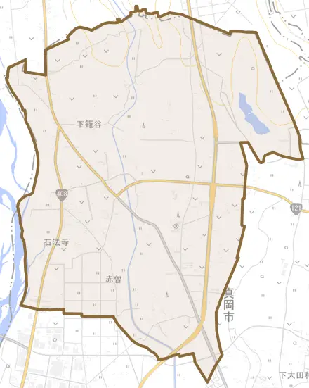 下籠谷とその周辺の地図。町の範囲を重ねている