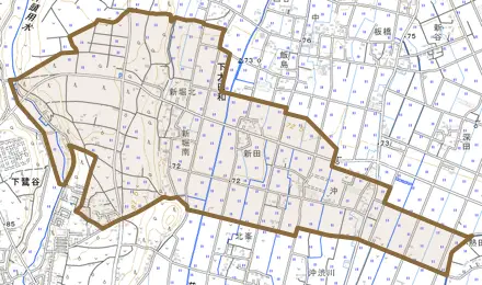 下大田和とその周辺の地図。町の範囲を重ねている
