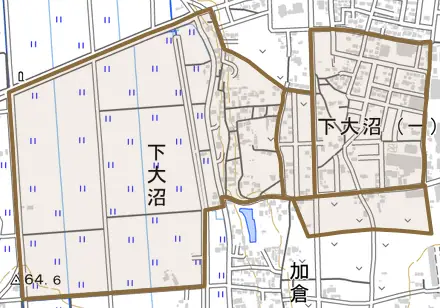 下大沼とその周辺の地図。町の範囲を重ねている