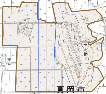 下大曽とその周辺の地図。町の範囲を重ねている