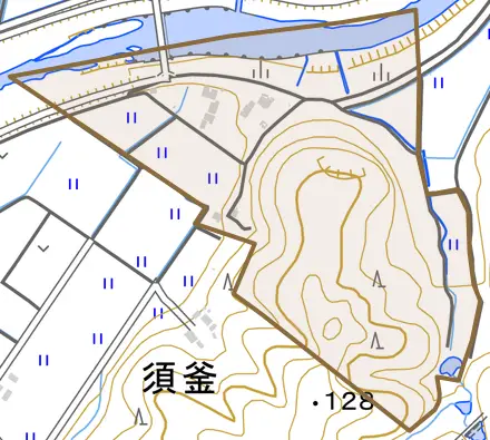 須釜とその周辺の地図。町の範囲を重ねている
