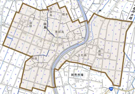 田島とその周辺の地図。町の範囲を重ねている