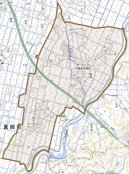 高田とその周辺の地図。町の範囲を重ねている