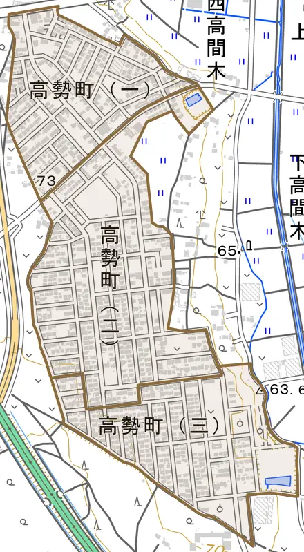 高勢町とその周辺の地図。町の範囲を重ねている