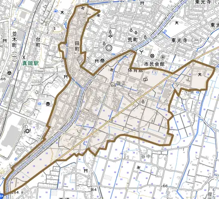 田町とその周辺の地図。町の範囲を重ねている