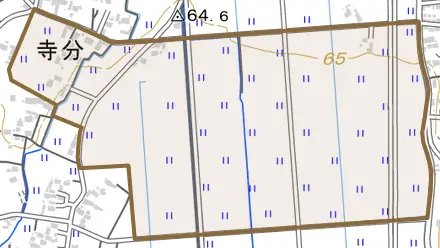 寺分とその周辺の地図。町の範囲を重ねている