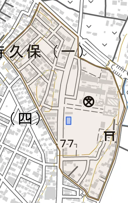 寺久保とその周辺の地図。町の範囲を重ねている