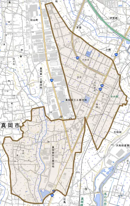 寺内とその周辺の地図。町の範囲を重ねている