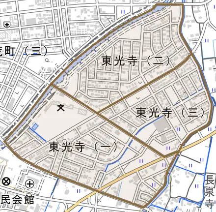 東光寺とその周辺の地図。町の範囲を重ねている