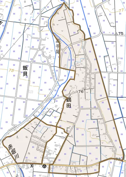 鶴田とその周辺の地図。町の範囲を重ねている