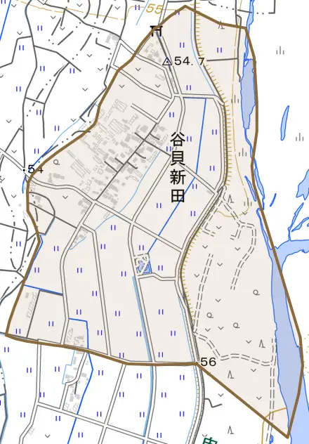 谷貝新田とその周辺の地図。町の範囲を重ねている