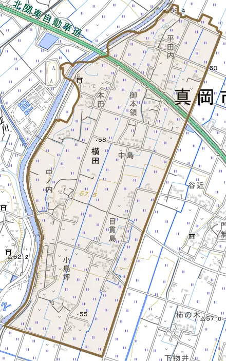 横田とその周辺の地図。町の範囲を重ねている
