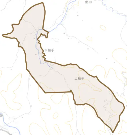 大字福手とその周辺の地図。町の範囲を重ねている