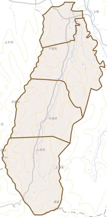 大字深沢とその周辺の地図。町の範囲を重ねている