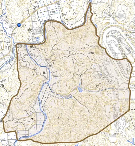 大字林とその周辺の地図。町の範囲を重ねている