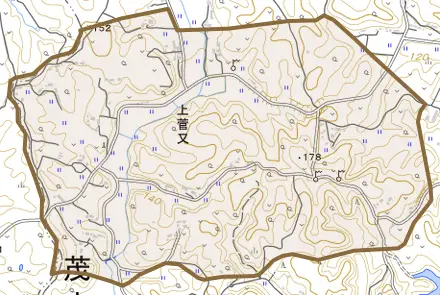大字上菅又とその周辺の地図。町の範囲を重ねている