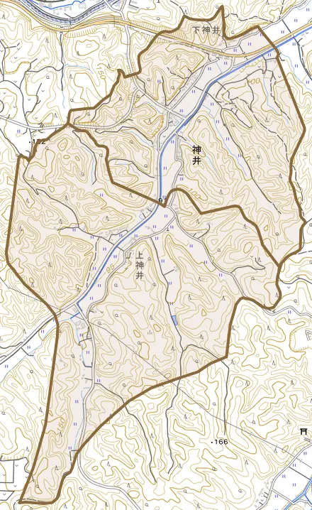 大字神井とその周辺の地図。町の範囲を重ねている