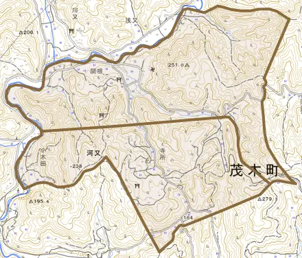 大字河又とその周辺の地図。町の範囲を重ねている