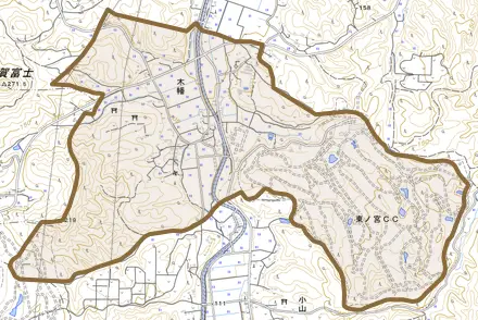 大字木幡とその周辺の地図。町の範囲を重ねている