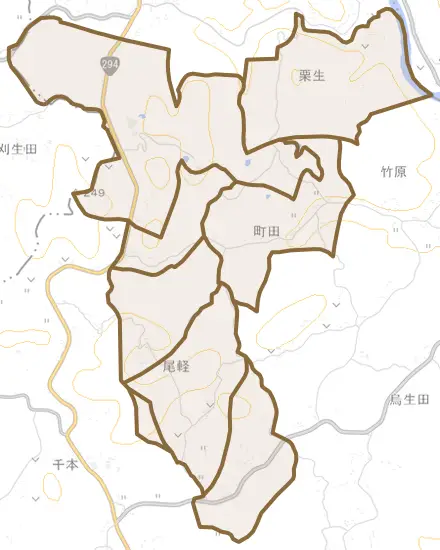 大字町田とその周辺の地図。町の範囲を重ねている