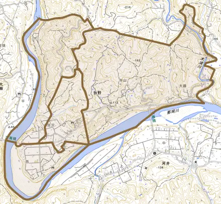 大字牧野とその周辺の地図。町の範囲を重ねている