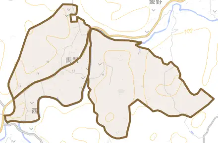 大字馬門とその周辺の地図。町の範囲を重ねている