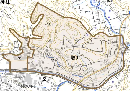 大字増井とその周辺の地図。町の範囲を重ねている