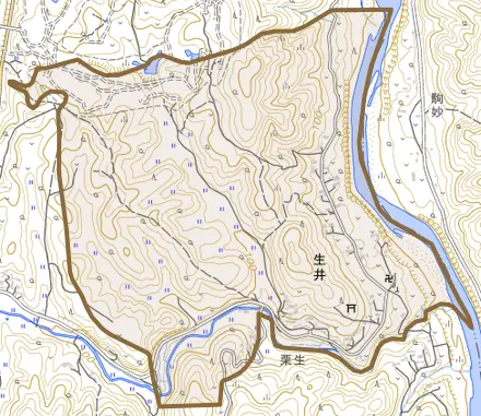 大字生井とその周辺の地図。町の範囲を重ねている