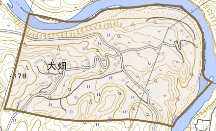 大字大畑とその周辺の地図。町の範囲を重ねている