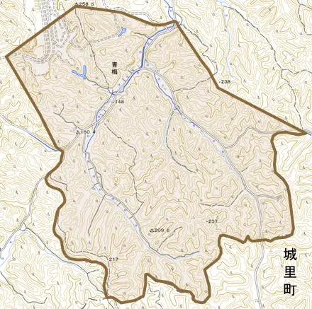 大字青梅とその周辺の地図。町の範囲を重ねている